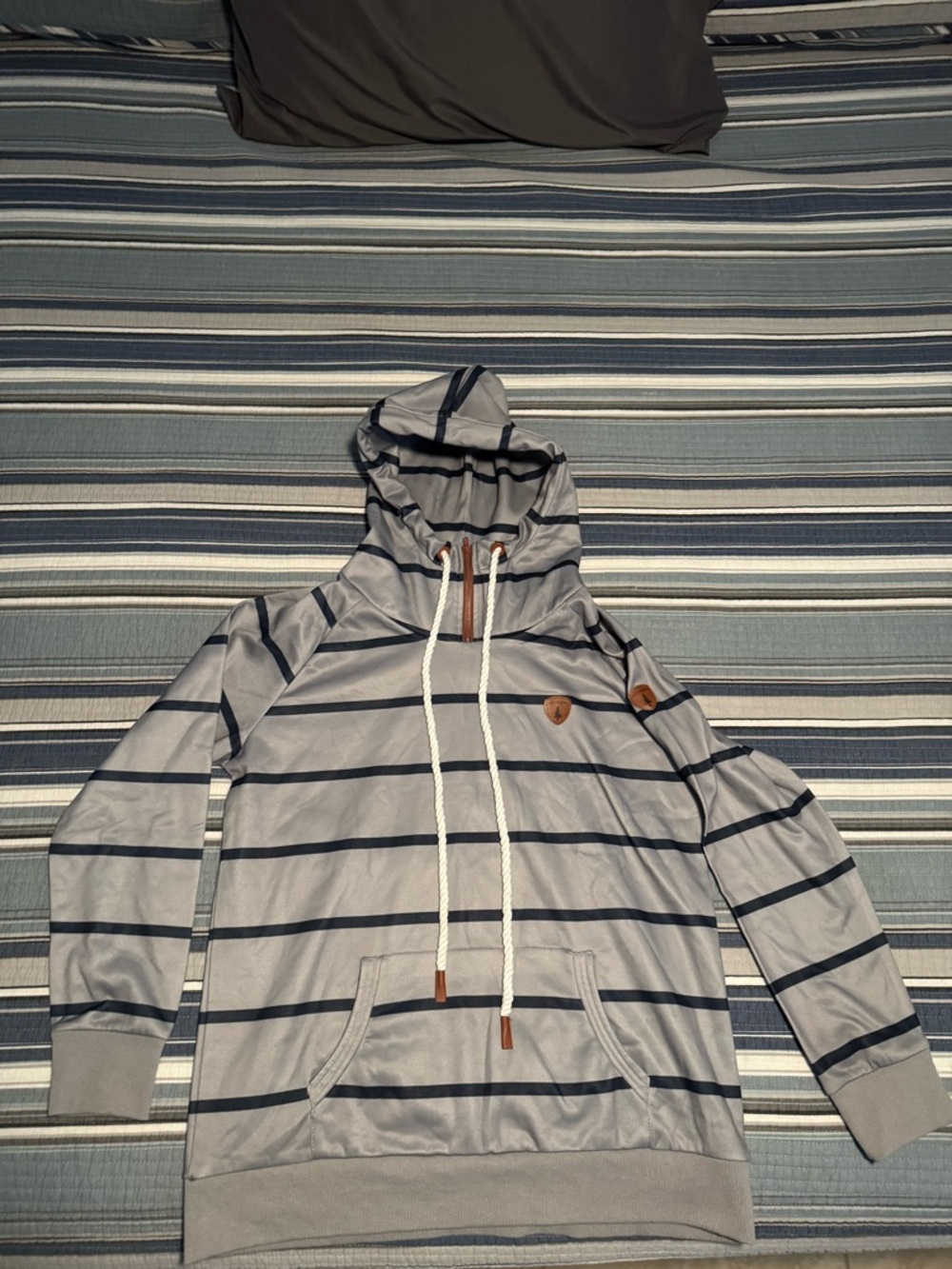 Wanakome Gray and Navy Striped Shirt with Leather Logo Patch
